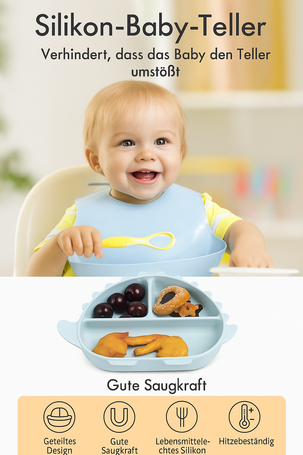 DINO Babygeschirr 9er Set – aus Silikon mit Saugnapf