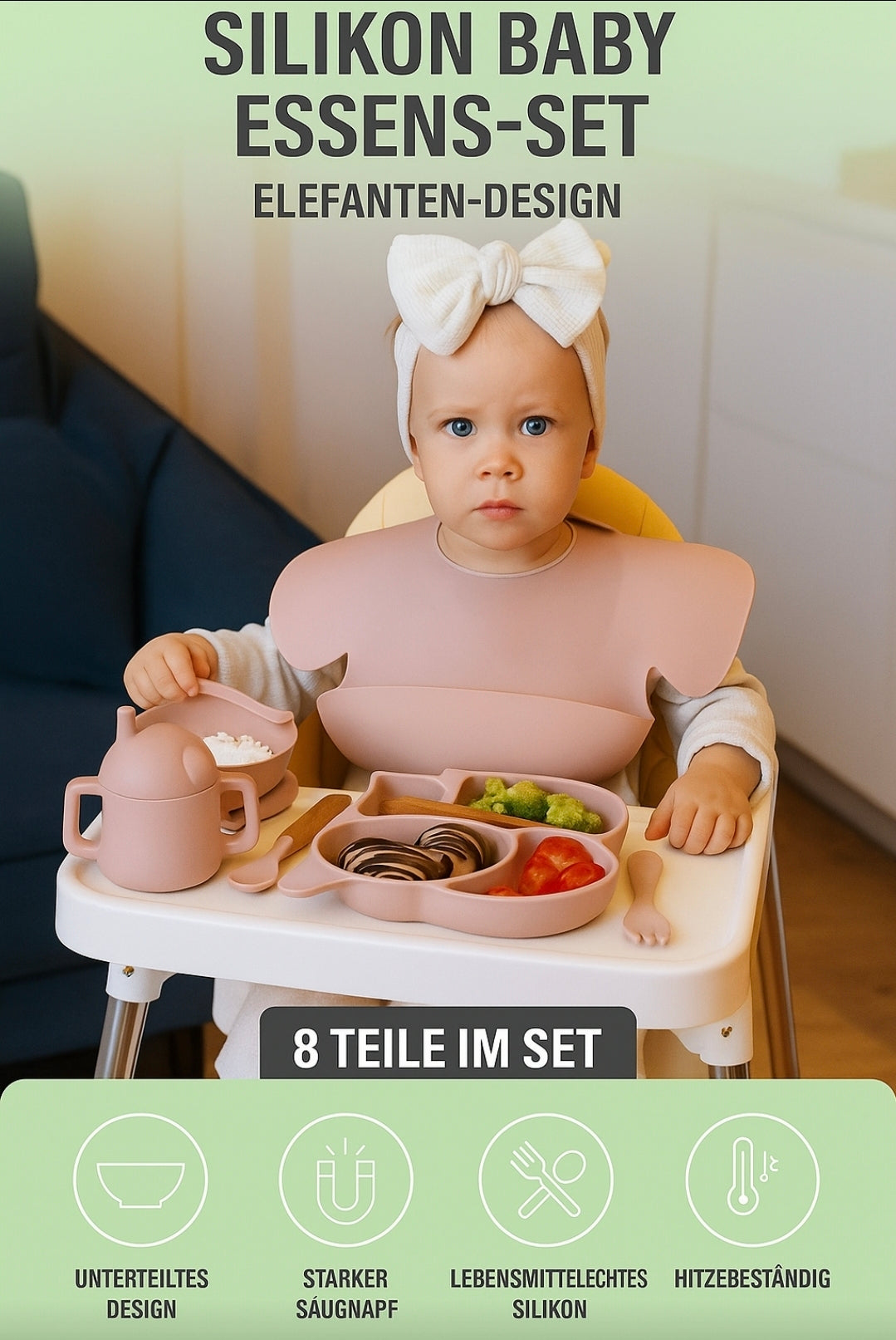 ELEFANT Babygeschirr 9er Set – aus Silikon mit Saugnapf