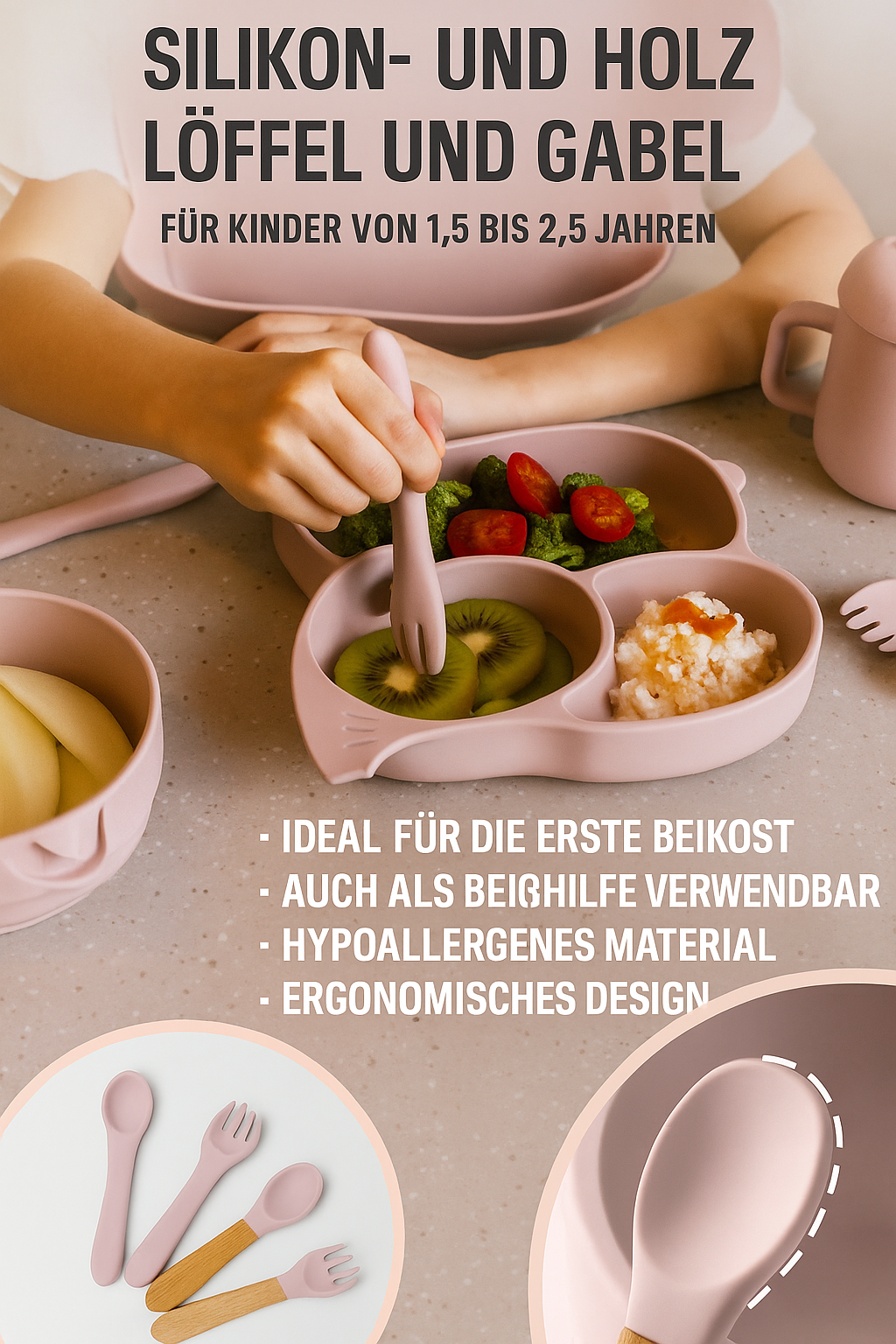 ELEFANT Babygeschirr 9er Set – aus Silikon mit Saugnapf