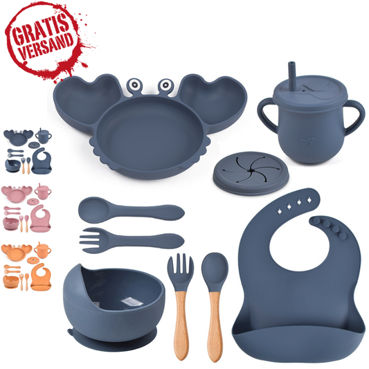 KRABBE Vaisselle pour bébé set de 9 pièces – en silicone avec ventouse