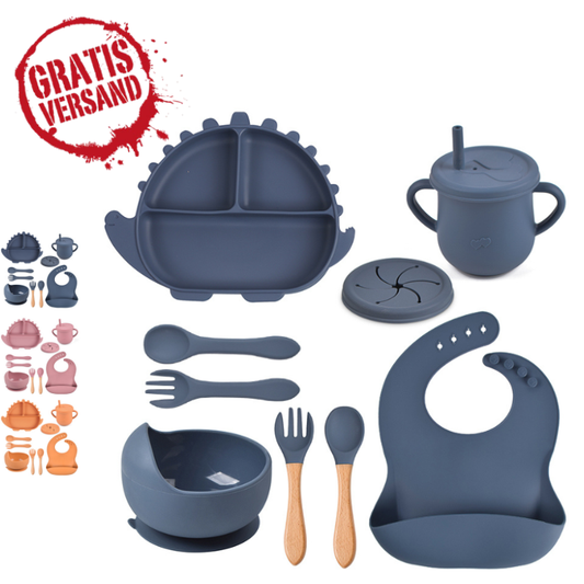 Set de vaisselle bébé DINO 9 pièces – en silicone avec ventouse