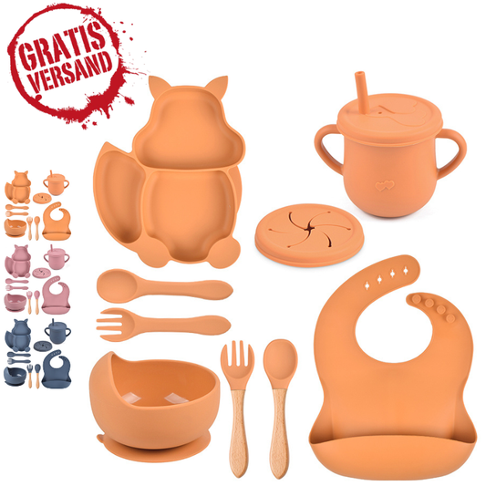Vaisselle bébé ÉCUREUIL lot de 9 – en silicone avec ventouse