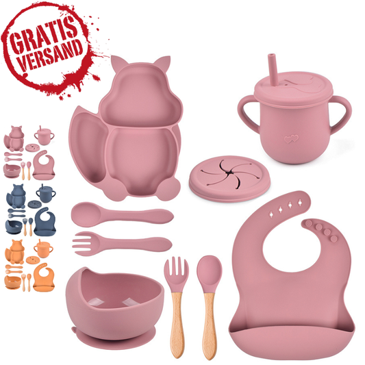 Vaisselle bébé ÉCUREUIL lot de 9 – en silicone avec ventouse