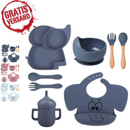 Set de 9 pièces de vaisselle bébé ÉLÉPHANT – en silicone avec ventouse
