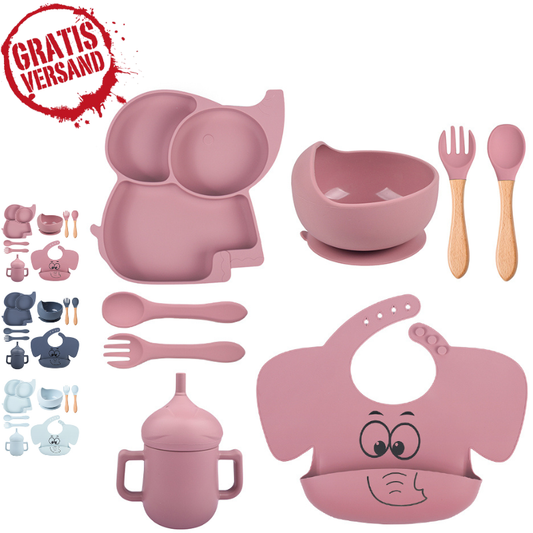 Set de 9 pièces de vaisselle bébé ÉLÉPHANT – en silicone avec ventouse
