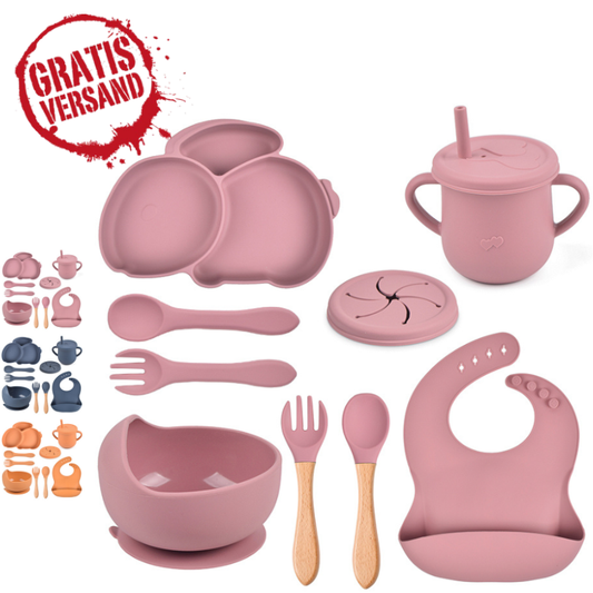 Vaisselle pour bébés HASE, lot de 9 – en silicone avec ventouse