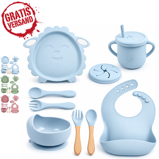 Vaisselle bébé MOUTON 9 pièces – en silicone avec ventouse