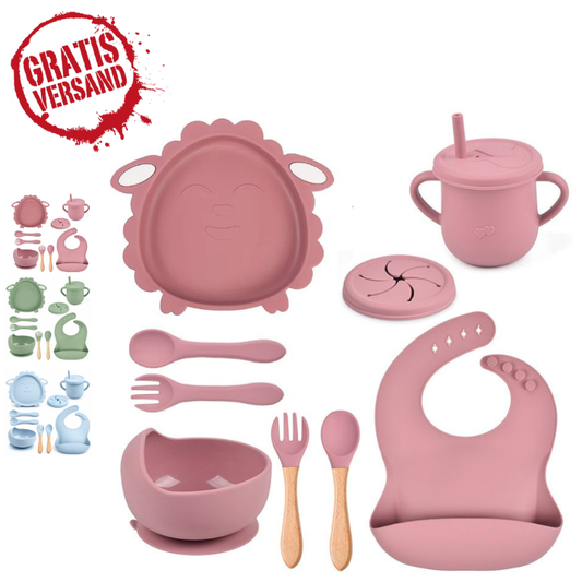 Vaisselle bébé MOUTON 9 pièces – en silicone avec ventouse
